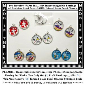 5/$20 Snoopy Charlie Brown Interchangeable Charm Earrings-5 Pairs in Set